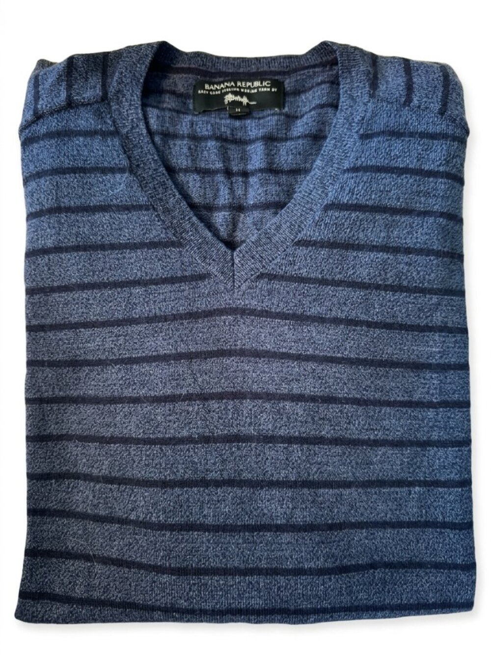 Banana Republic Men's Slate Blue and Navy Striped V-Neck Sweater - Size M Tall